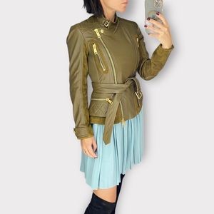 🎁 Burberry khaki green leather suede motorcycle biker quilted jacket gold XS